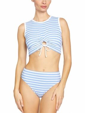Robin Piccone Blue & White Striped Tie-Front Crop Bikini Top